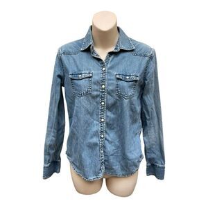 American Eagle Favorite Fit Denim Jean Button Up Shirt Sz S White Snap Buttons